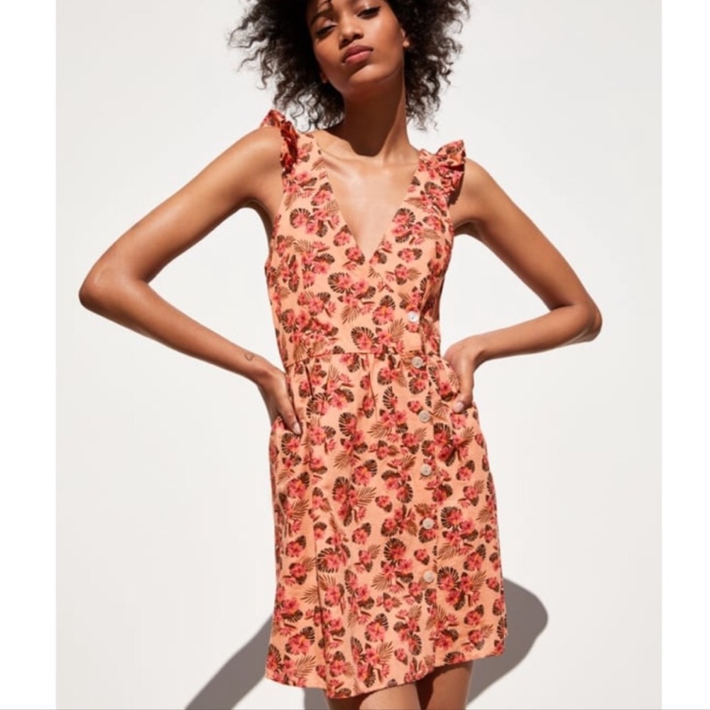 🏷NWT Zara Pink Rustic V-Neck Floral Mini Dress S